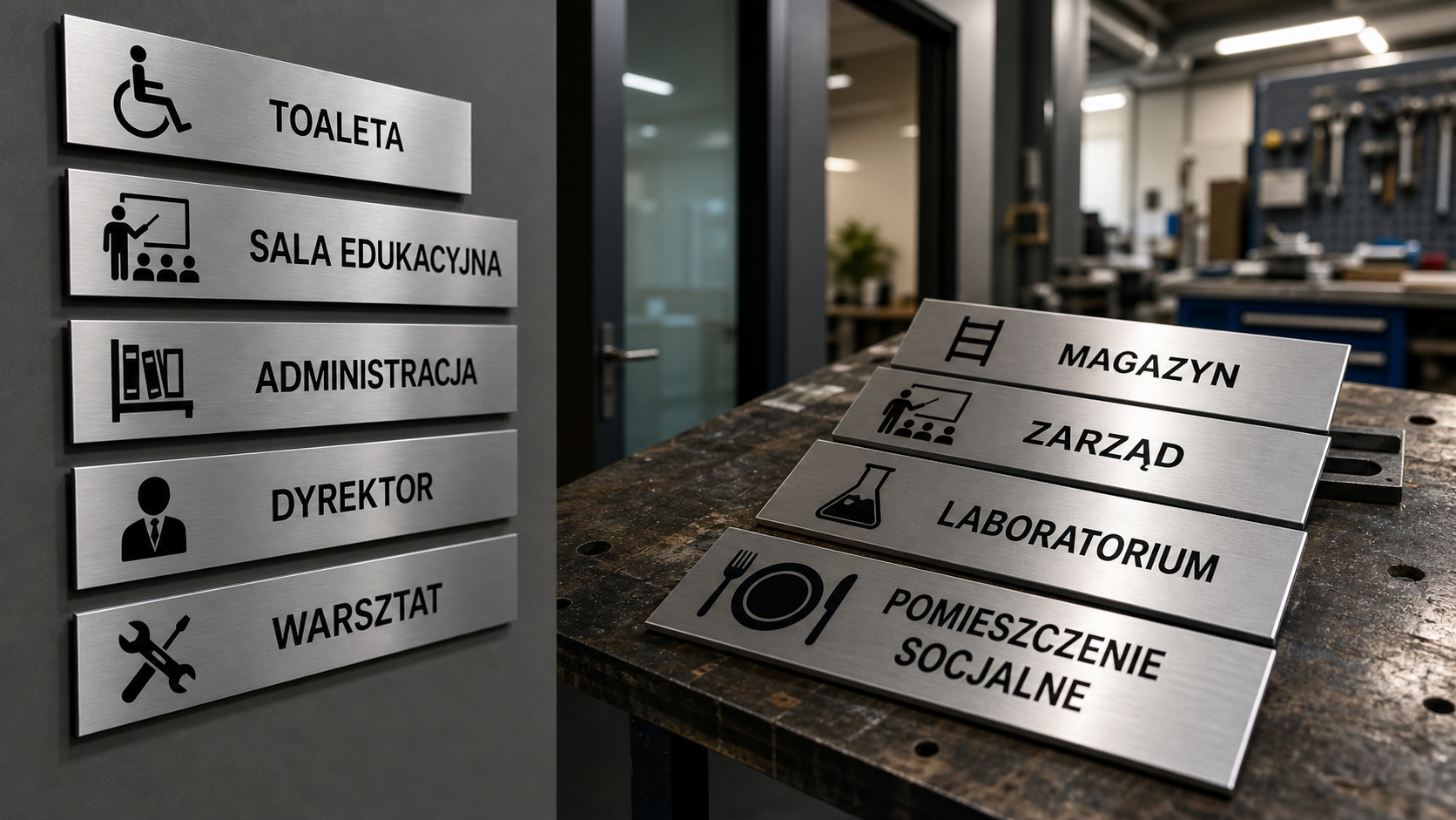 Tablice informacyjne z aluminium z piktogramami – Toaleta, Dyrektor, Magazyn, Administracja